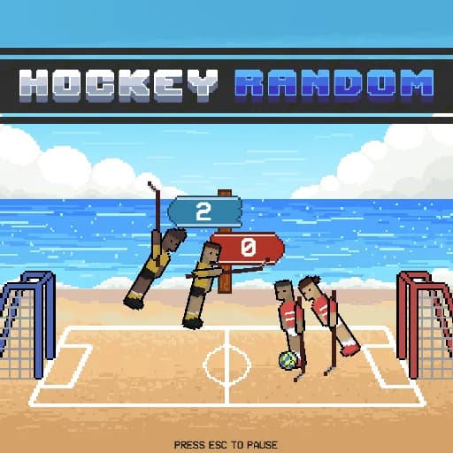 Hockey Random thumbnail showing pixel hockey players leaping for the puck on a beach rink