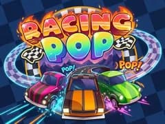 Racing Pop gameplay thumbnail showing a small cartoon car speeding down a bright track over boost pads