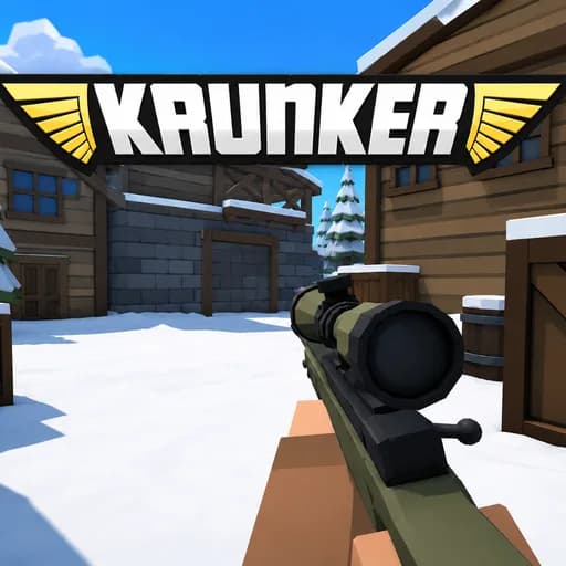 Krunker thumbnail showing a first-person sniper rifle aimed down a snowy voxel village street