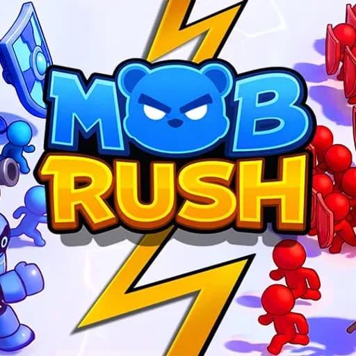 Mob Rush thumbnail showing the game's lightning-bolt logo between blue and red cartoon stickman armies