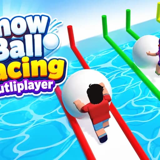 Snow Ball Racing Multiplayer thumbnail showing a character pushing a giant snowball down a track floating on bright blue water